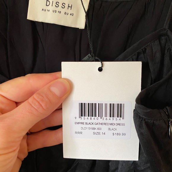 DISSH NWT Black gathered empire waist floor-length dress - Picture 2 of 5